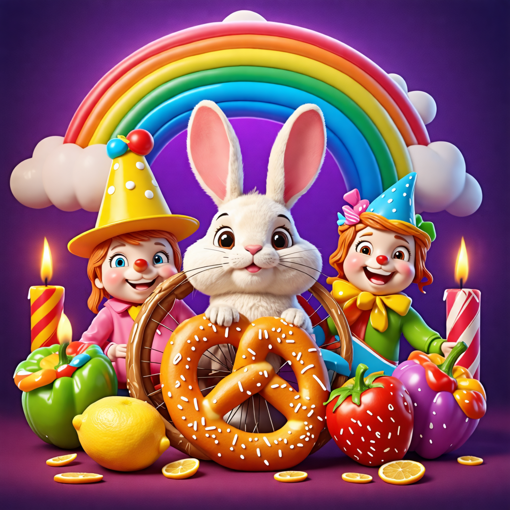 bunny, pretzel, igloo, bicycle, candle, rainbow, clown, lemon, bell pepper, chocolate